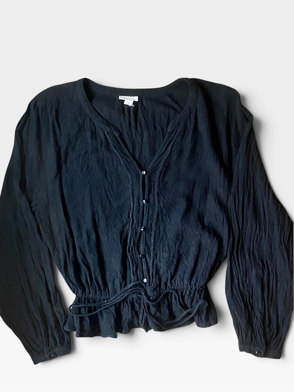 Black Peplum V Neck Button Front Blouse Drawstring Waist whimsygoth coquette L